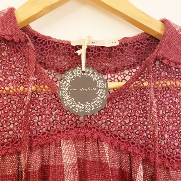 NWT Hazel plaid and lace crochet bell sleeve top - Picture 3 of 4